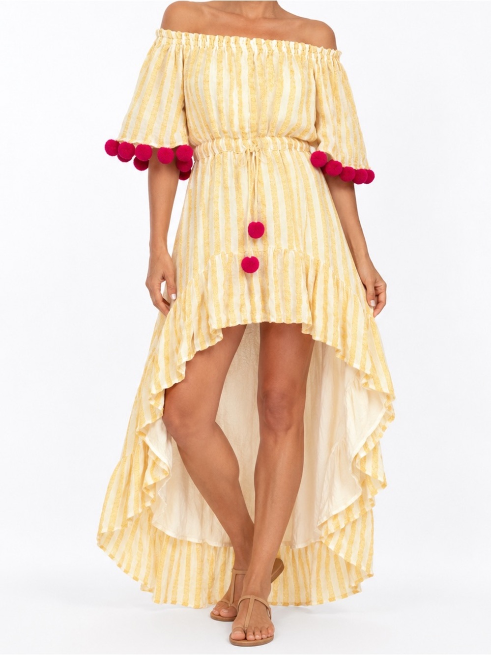 Yellow Striped Off-Shoulder Midi Dress with Pom Pom Trim